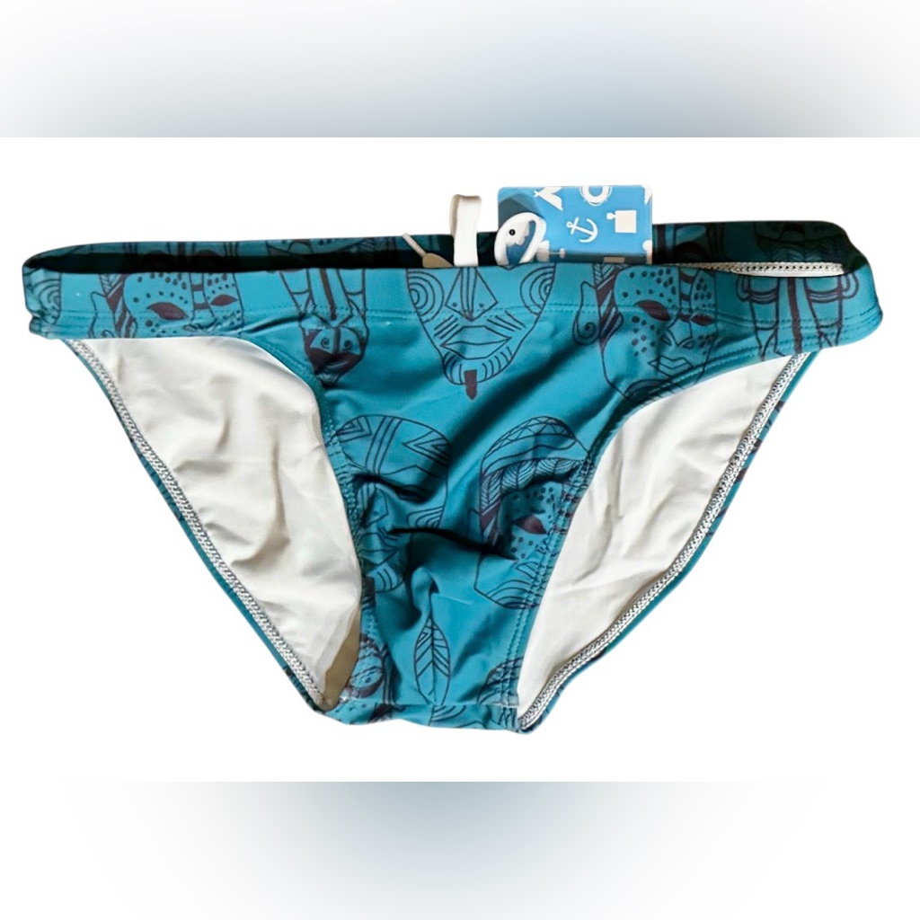 Nwt Size L Men’s Swim Briefs Poolside Rites Teal Totem Fun Cheeky Adjustable — image 3 of 8